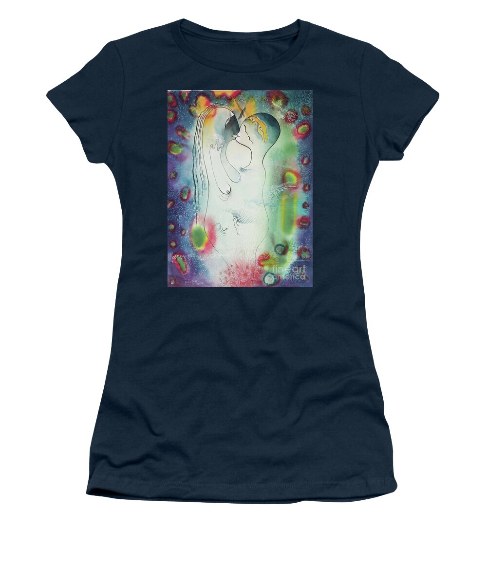 #cosmiclovers #watercolor #watercolorpainting #loversart #icons #iconseries #mysticart #symbolicart #glenneff #picturerockstudio #thesoundpoetsmusic #alienlovers Women's T-Shirt featuring the painting Cosmic Lovers by Glen Neff