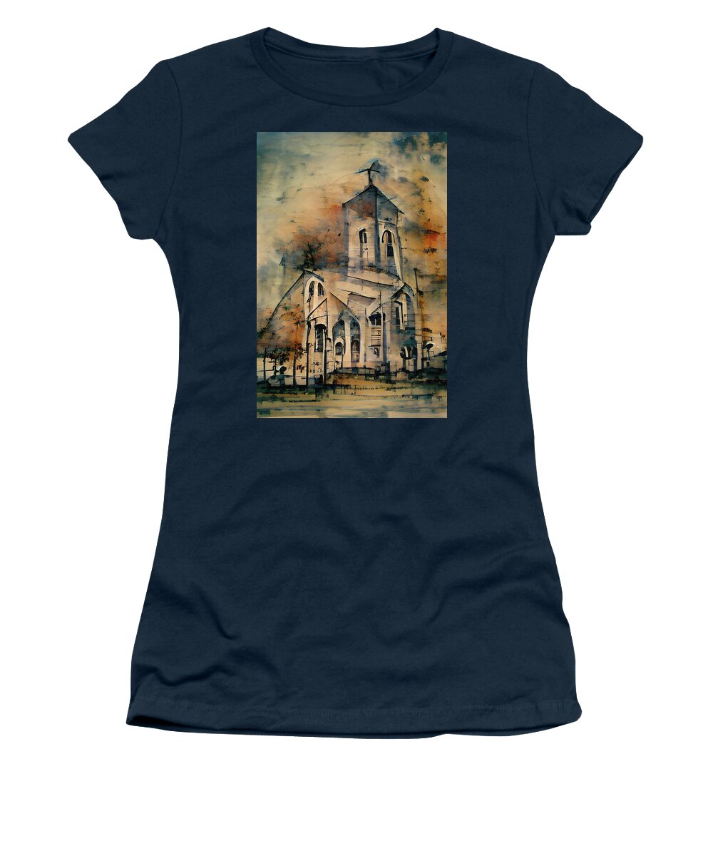 Church Women's T-Shirt featuring the painting Country Church Abstract Watercolor by David Dehner