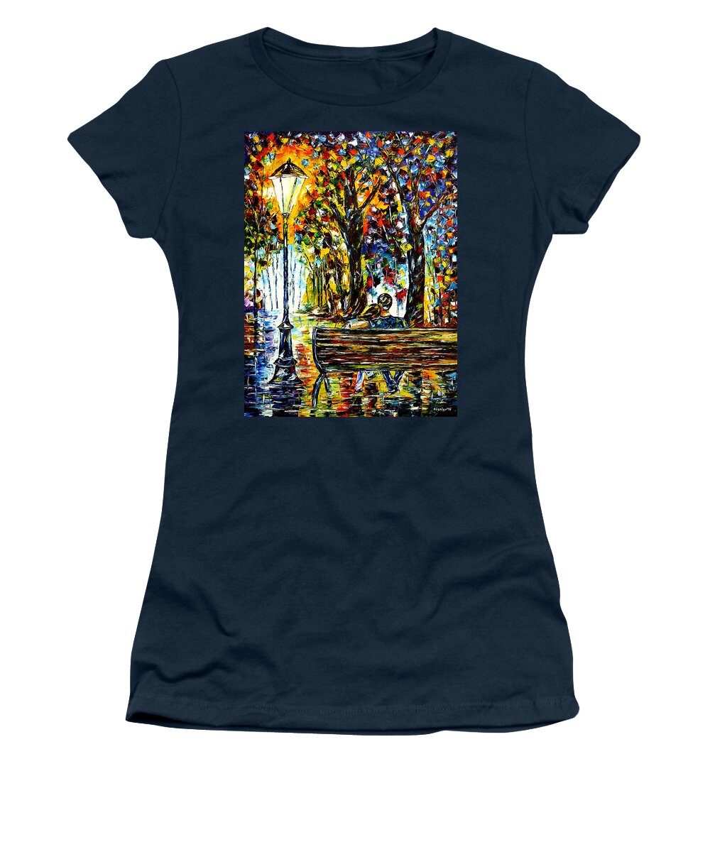Lovers On A Bench Women's T-Shirt featuring the painting Couple On A Bench by Mirek Kuzniar