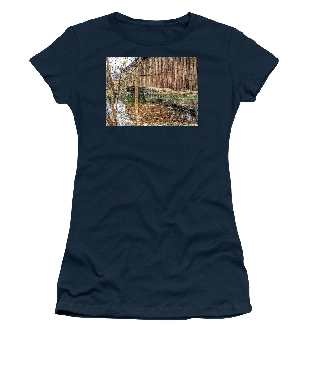 Historical Southeastern Chester County Pa Women's T-Shirt featuring the photograph Covered Bridge, Snowy Day by Susan Maxwell Schmidt