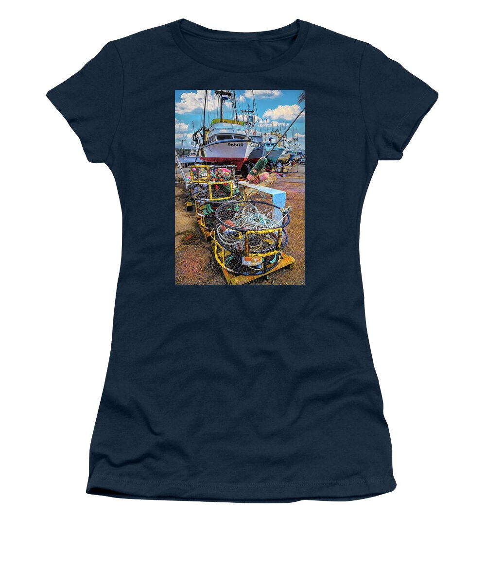 Coastal Women's T-Shirt featuring the photograph Crab Pots On The Docks by Debra and Dave Vanderlaan