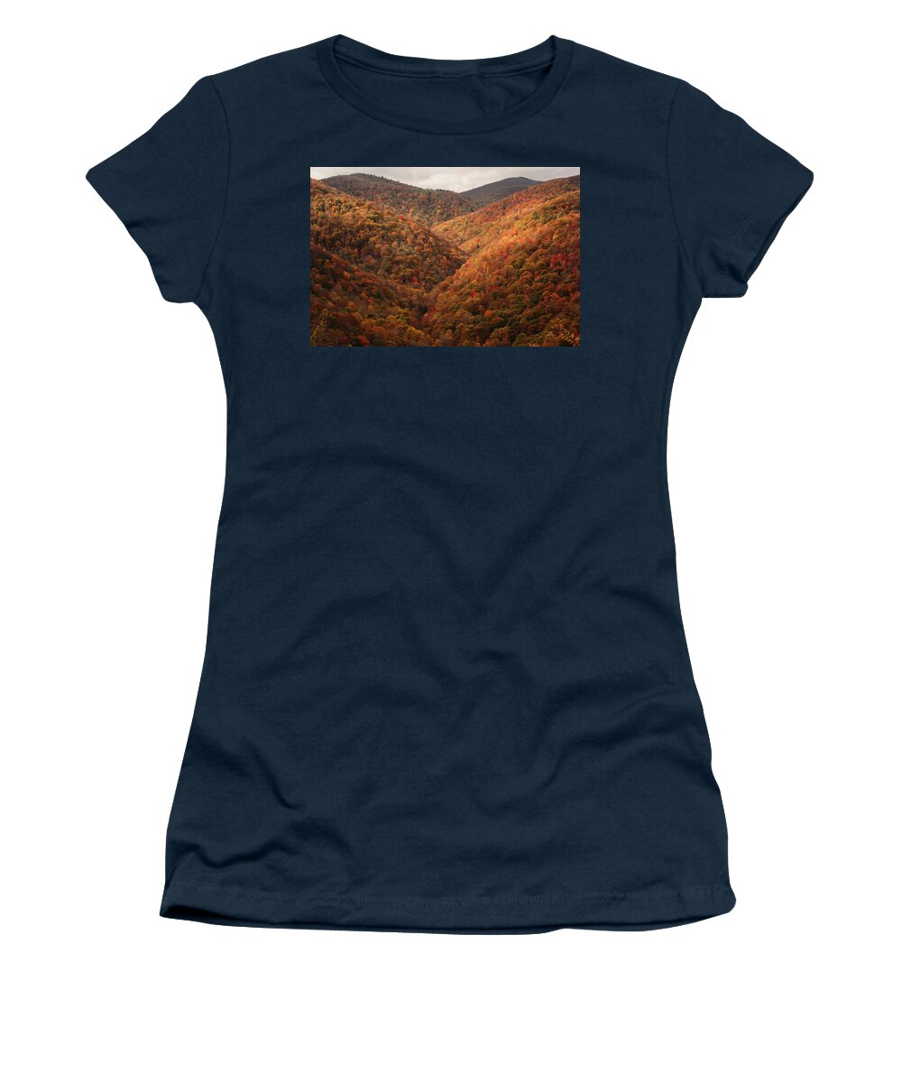 Blue Ridge Parkway Women's T-Shirt featuring the photograph Crazy Fall Color at Cherry Cove by Joni Eskridge