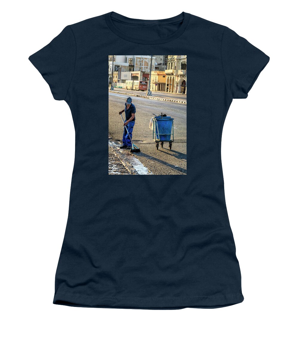 Havana Cuba Women's T-Shirt featuring the photograph Cuban Street Cleaner by Tom Singleton