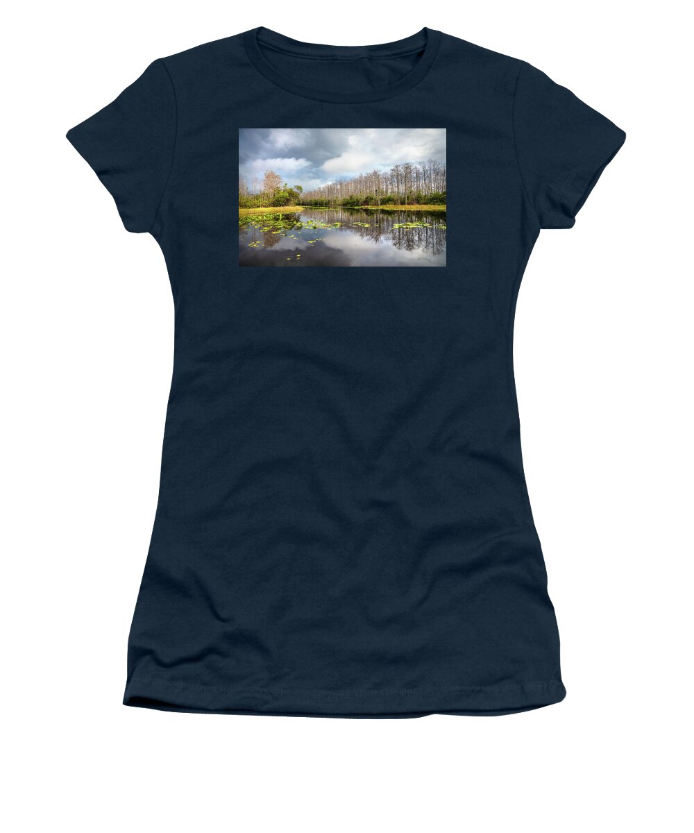 Clouds Women's T-Shirt featuring the photograph Cypress Reflections after the Rain by Debra and Dave Vanderlaan