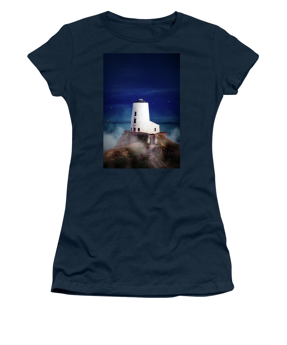 Tŵr Mawr Lighthouse Women's T-Shirt featuring the photograph Dark and moody Twr Mawr Lighthouse, North Wales by Victoria Ashman