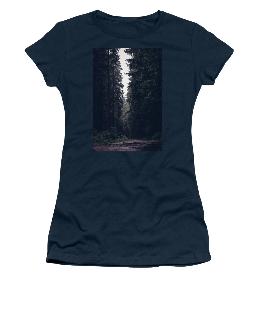 Forest Women's T-Shirt featuring the photograph Dark atmosphere in forest. Forgotten road in rainy day by Vaclav Sonnek