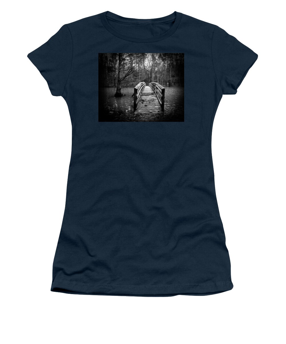Footbridge Women's T-Shirt featuring the photograph Dark Crossing by Alan Raasch
