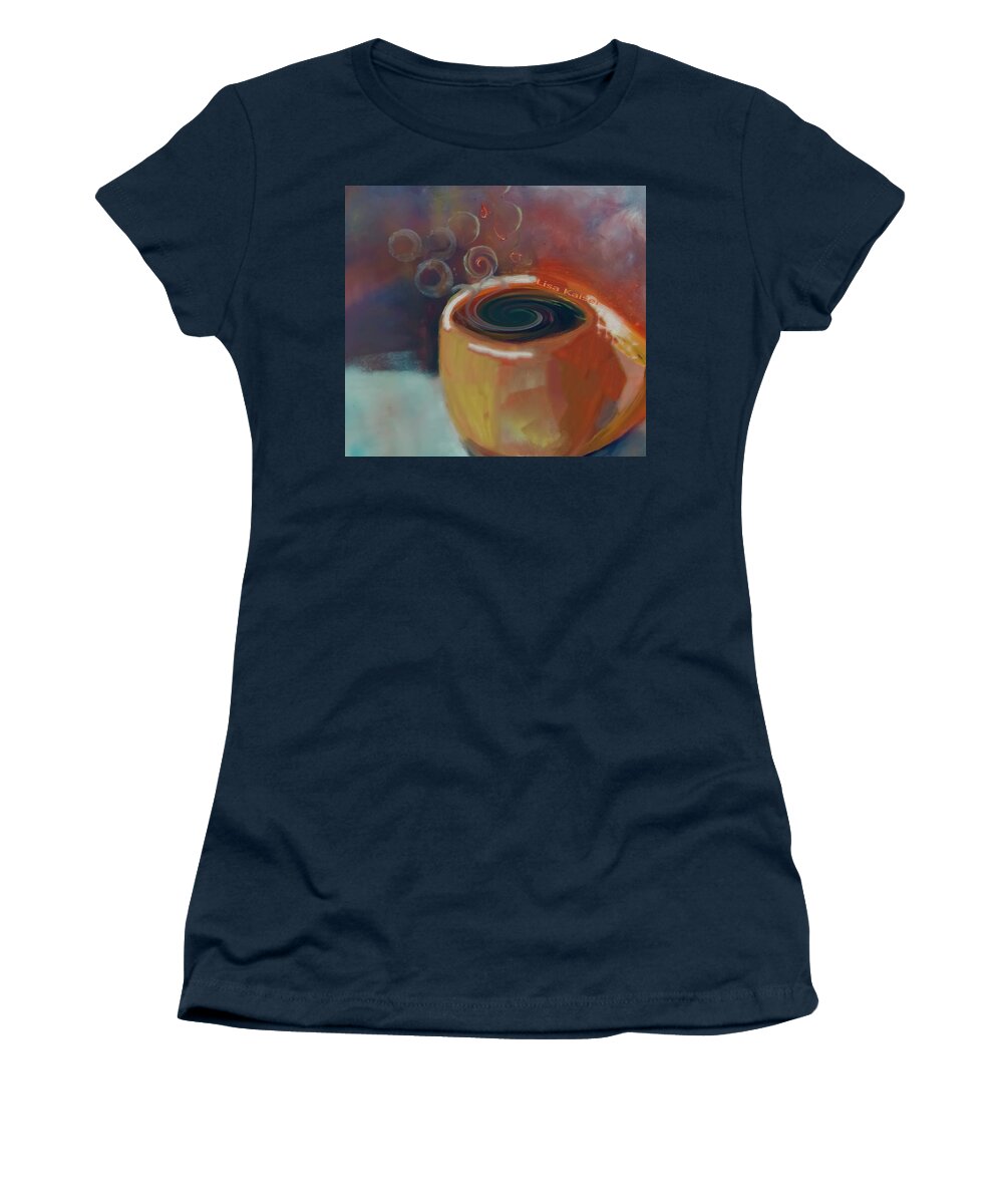 Cup Women's T-Shirt featuring the painting Dark Morning Coffee Warm and Aramatic by Lisa Kaiser