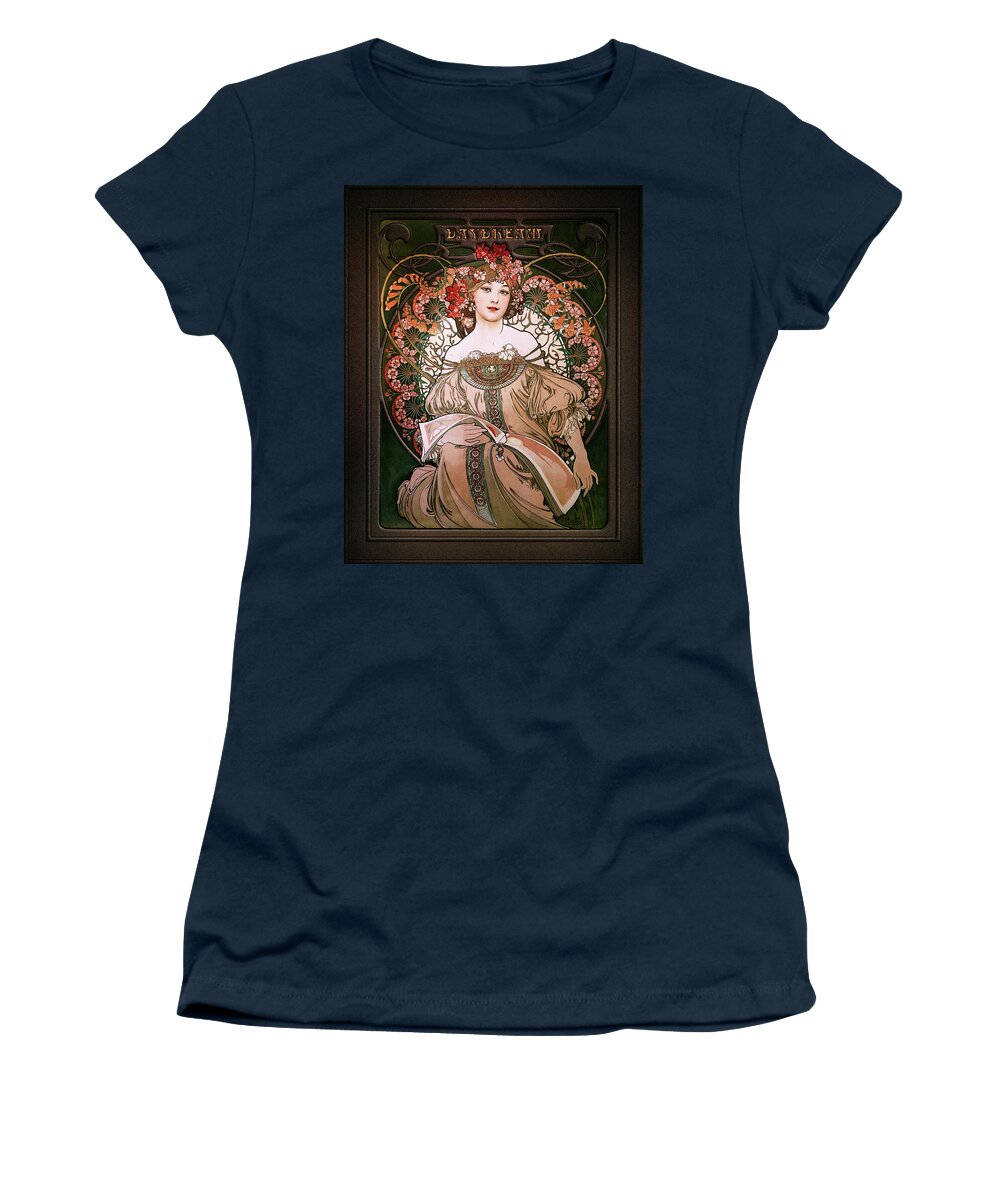 Daydream Women's T-Shirt featuring the painting Daydream by Alphonse Mucha Black Background by Rolando Burbon