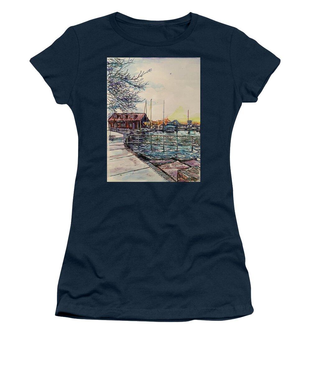  Women's T-Shirt featuring the painting Docked by Try Cheatham
