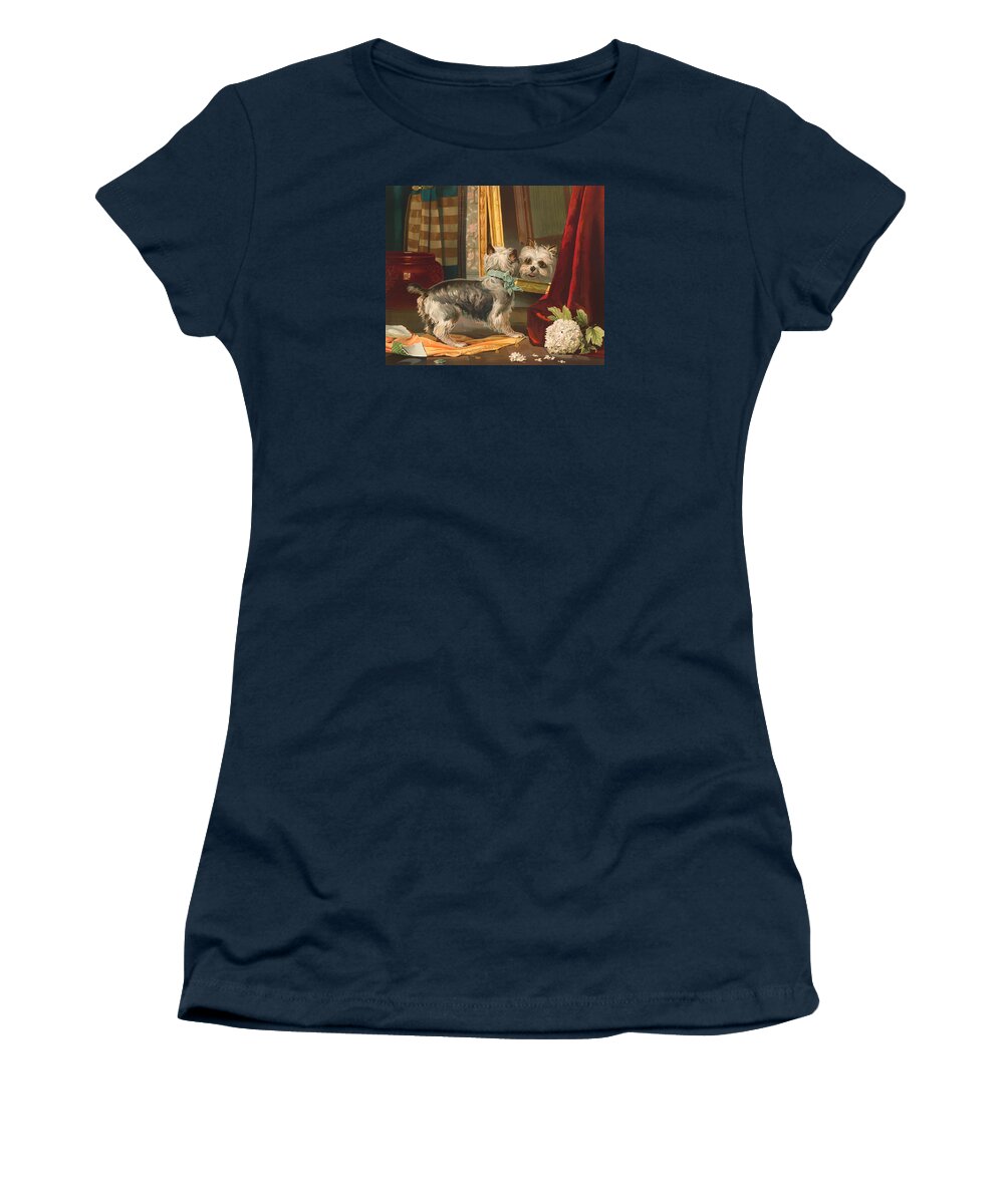 Dog Women's T-Shirt featuring the painting Dog Looking Into Mirror - Vintage Lithograph - 1888 by War Is Hell Store