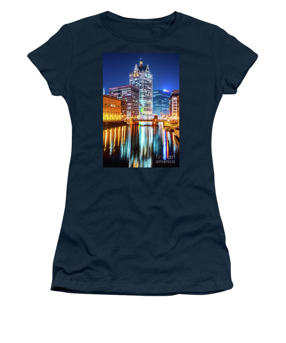 2017 Women's T-Shirt featuring the photograph Downtown Milwaukee River Cityscape at Night Photo by Paul Velgos