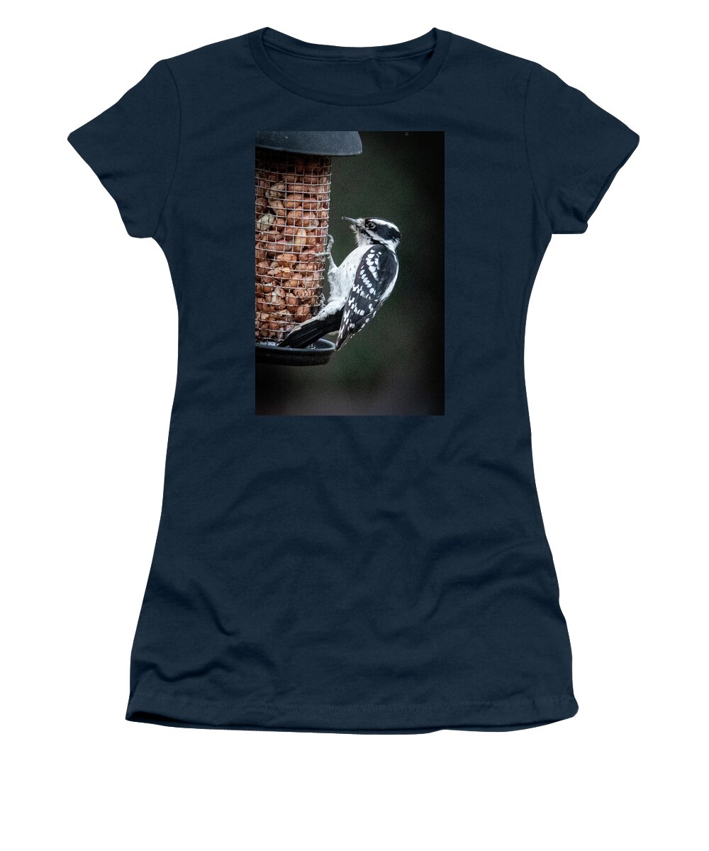 2019 Women's T-Shirt featuring the photograph Downy Woodpecker 1 by Gerri Bigler