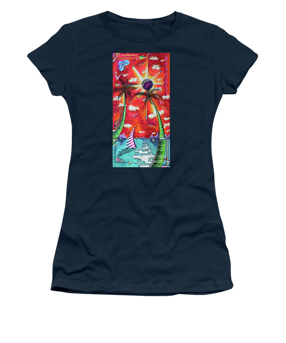 Tropical Women's T-Shirt featuring the painting Dreams Await Bold Colorful Tropical Seascape Nautical Sunset Painting by MADART by Megan Aroon
