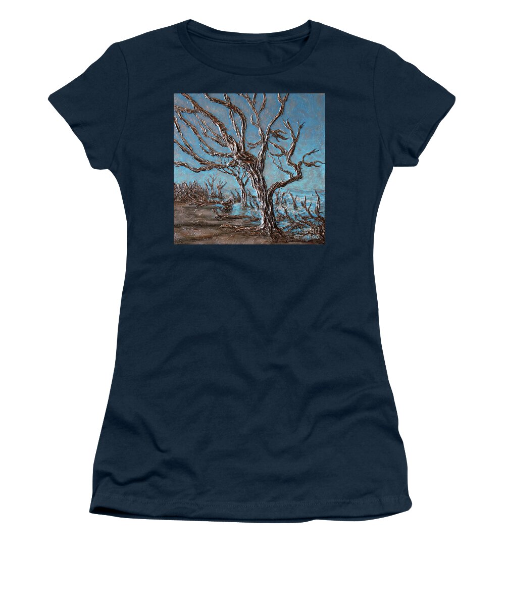 Beach Women's T-Shirt featuring the painting Driftwood Mystery by Linda Donlin