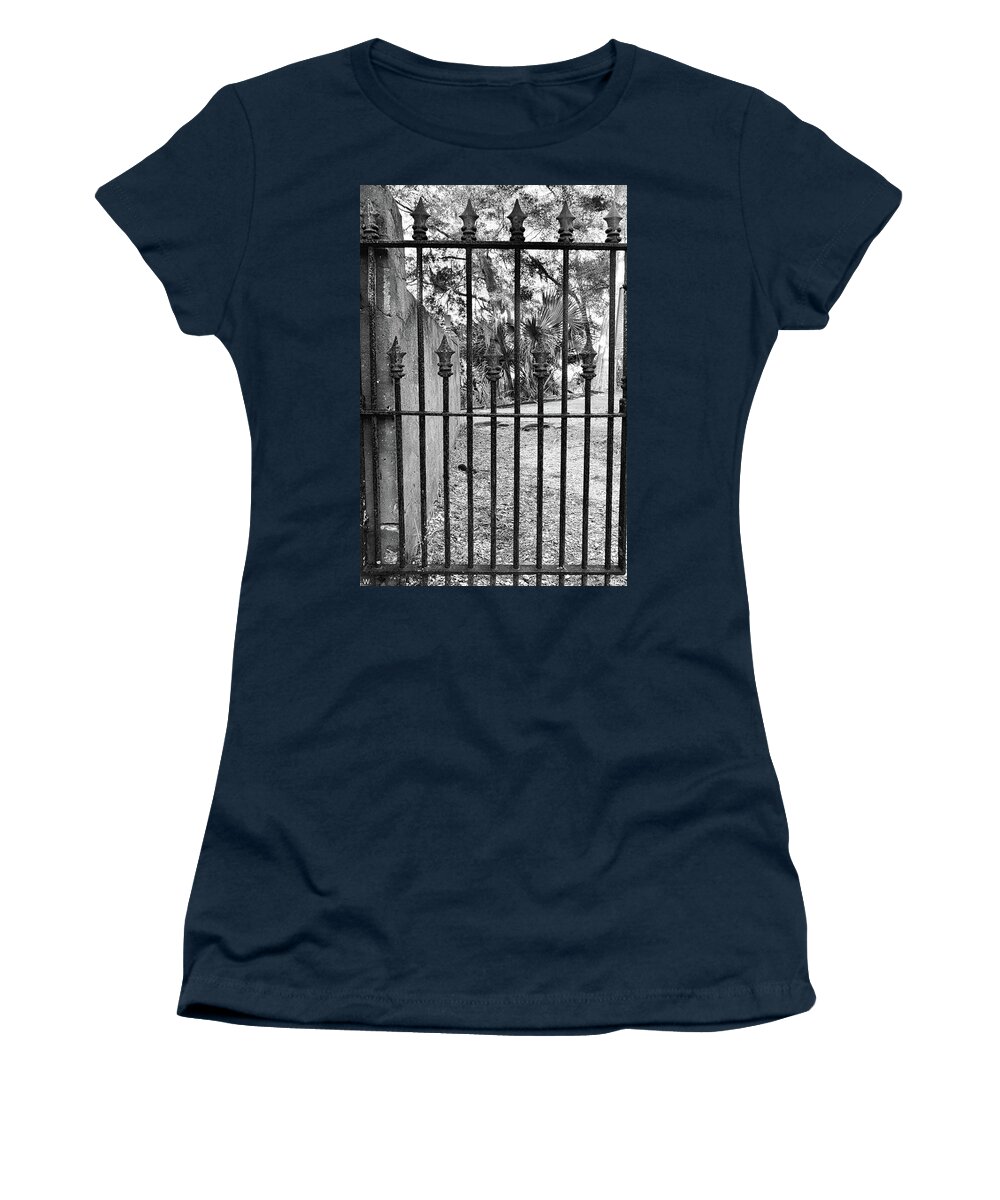 Dubignon Cemetery Gate Jekyll Island Black And White 2 Georgia Women's T-Shirt featuring the photograph DuBignon Cemetery Gate Jekyll Island Georgia Black And White 2 by Lisa Wooten