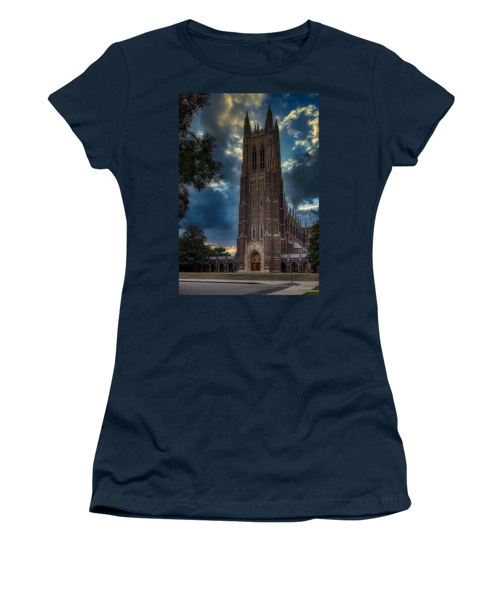Duke University Women's T-Shirt featuring the photograph Duke University Chapel At Sunset by Mountain Dreams