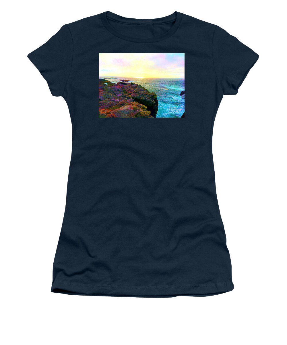 A Vibrant Artwork Of Dun Na Bo Belmullet County Mayo Ireland Women's T-Shirt featuring the painting Dun na no belmullet Co mayo by Mary Cahalan Lee - aka PIXI