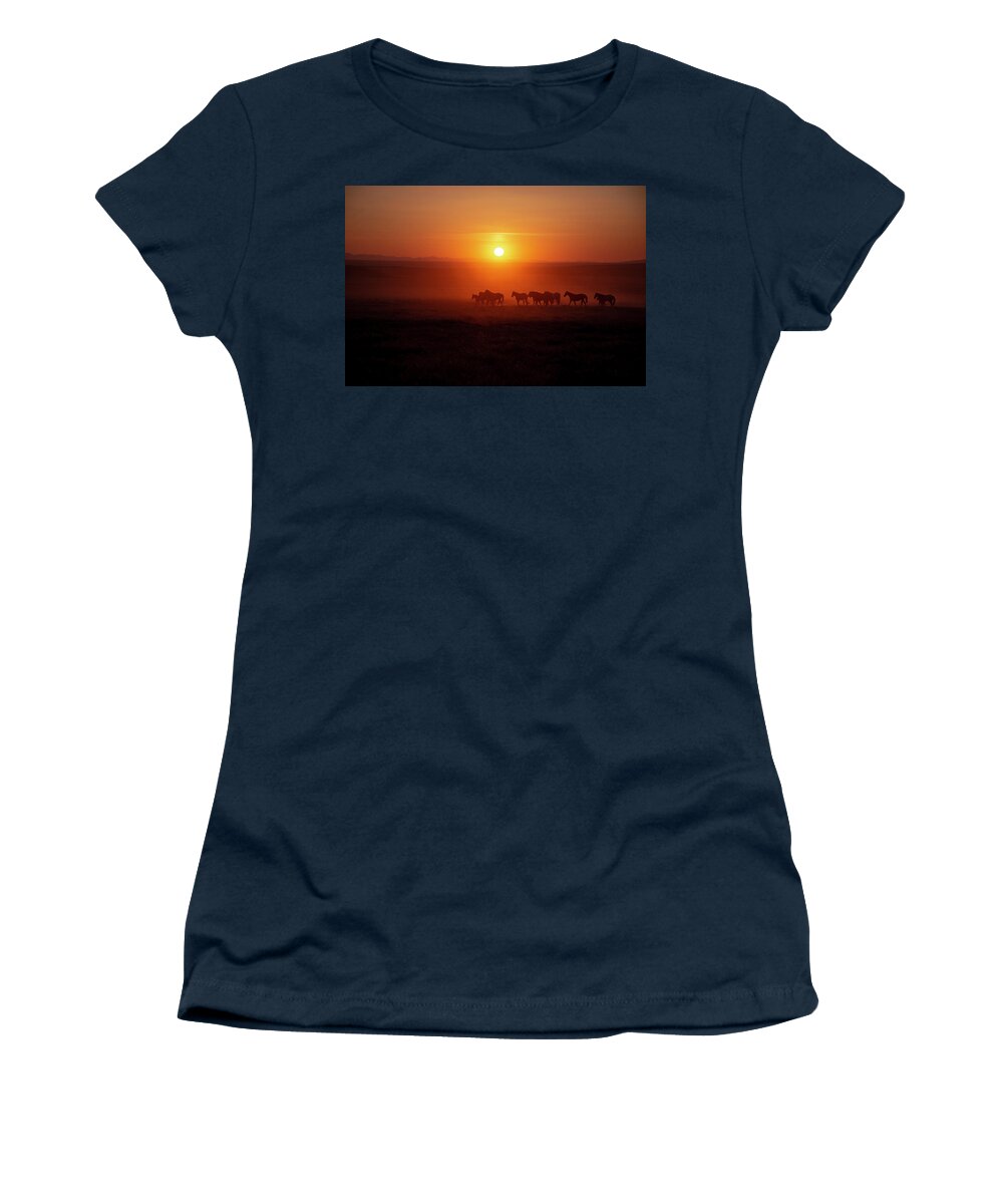 Horse Women's T-Shirt featuring the photograph Dusky Orange Wild Horse Sunset by Dirk Johnson