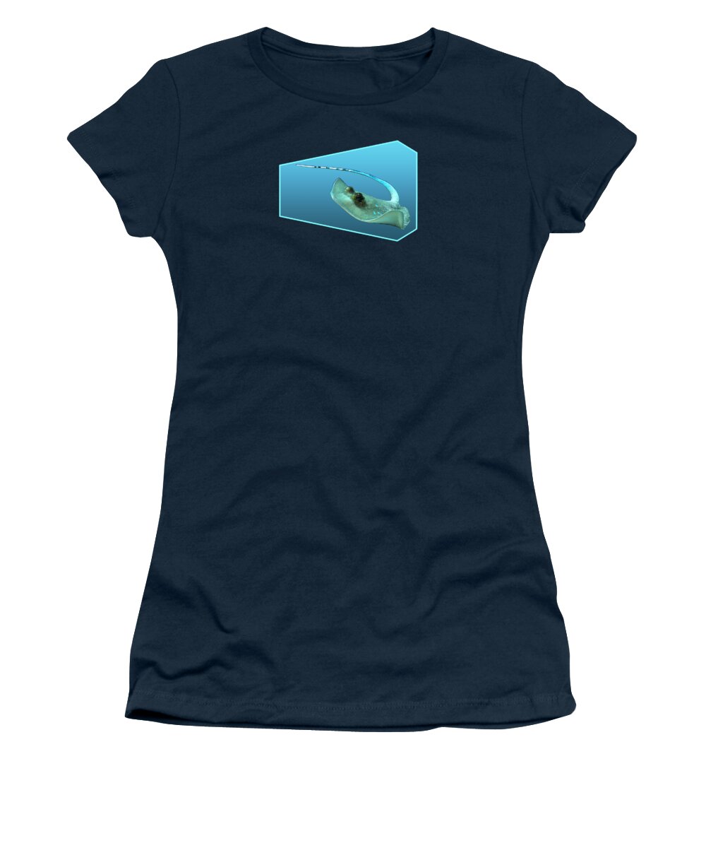 Ray Women's T-Shirt featuring the mixed media Dynamic stingray - Ray in motion against gradient blue - by Ute Niemann