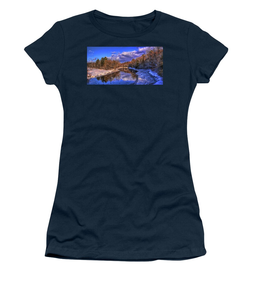 Eau Claire Dells Women's T-Shirt featuring the photograph Eau Claire River Winter Reflection by Dale Kauzlaric