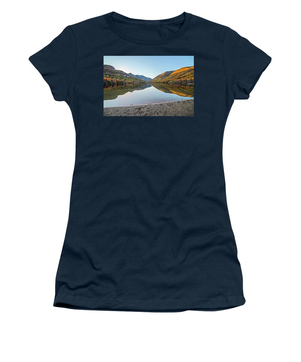 Franconia Women's T-Shirt featuring the photograph Echo Lake Beautiful Fall Colors Franconia NH White Mountains Reflection by Toby McGuire