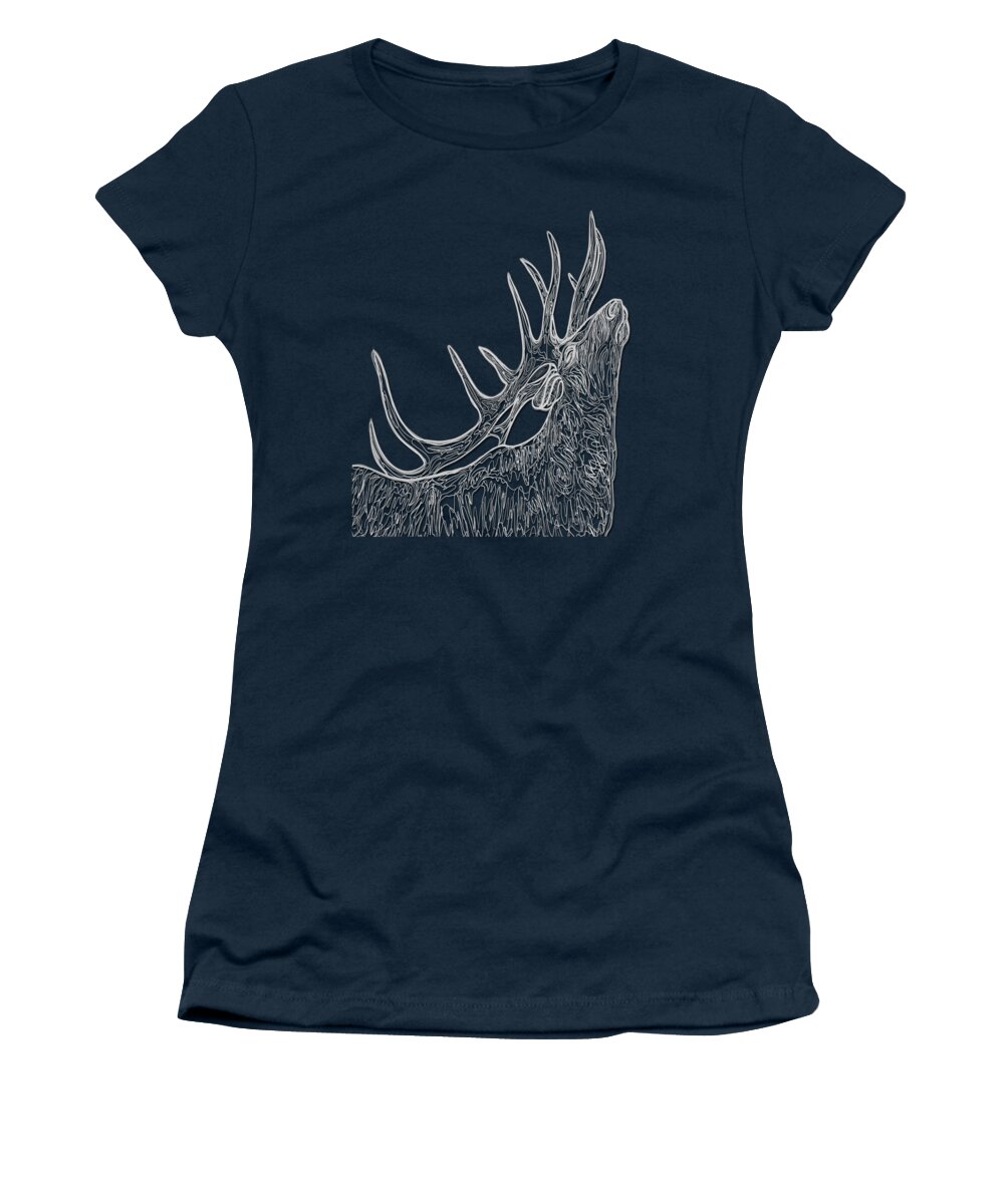 Drawing Women's T-Shirt featuring the painting Elk Whisperer White Line Drawing Silhouette Black Background by OLena Art