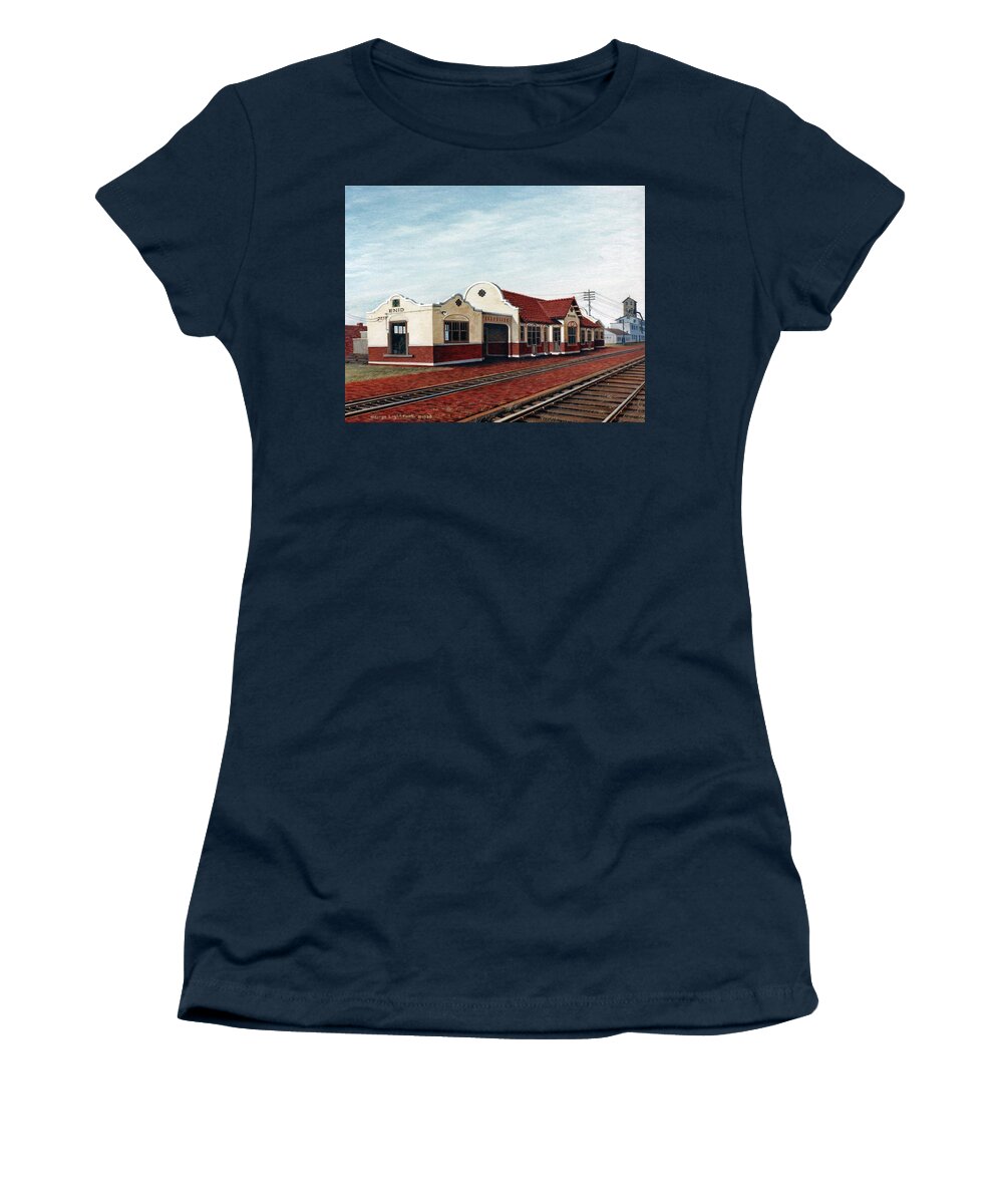 Architectural Landscape Women's T-Shirt featuring the painting Enid Oklahoma Depot by George Lightfoot