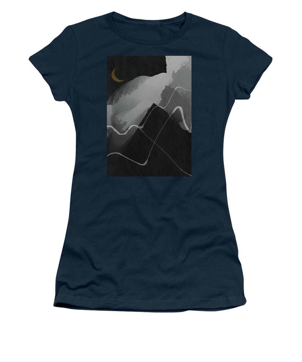 Black Modern Art Women's T-Shirt featuring the painting Ethereal Mountains - Black Modern Minimalist Art by Lourry Legarde