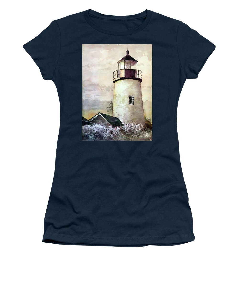Sunset At The Pemaquid Point Lighthouse In Maine. Women's T-Shirt featuring the painting Evening At The Light by Monte Toon