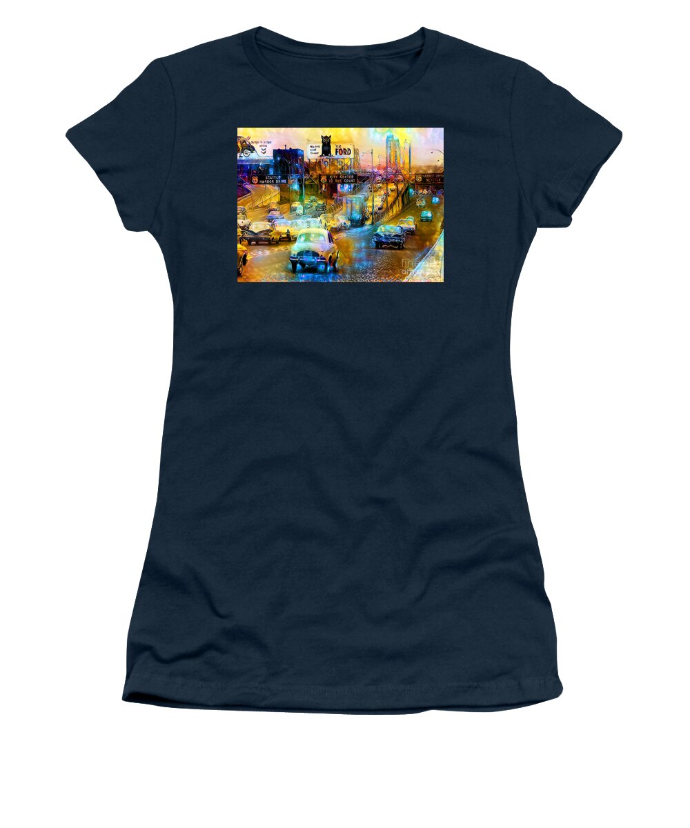 Wingsdomain Women's T-Shirt featuring the photograph Evening Commute Along Harbor Drive Portland Oregon In The Vintage Fifties 20201125 v2 by Wingsdomain Art and Photography