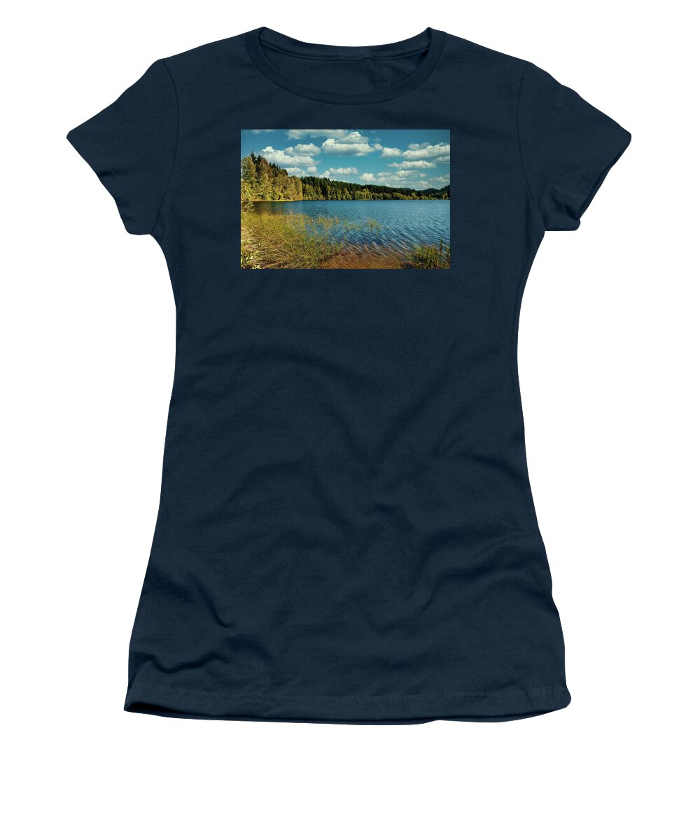 Blue Women's T-Shirt featuring the photograph Evergreens Around Peaceful Lake by Darryl Brooks