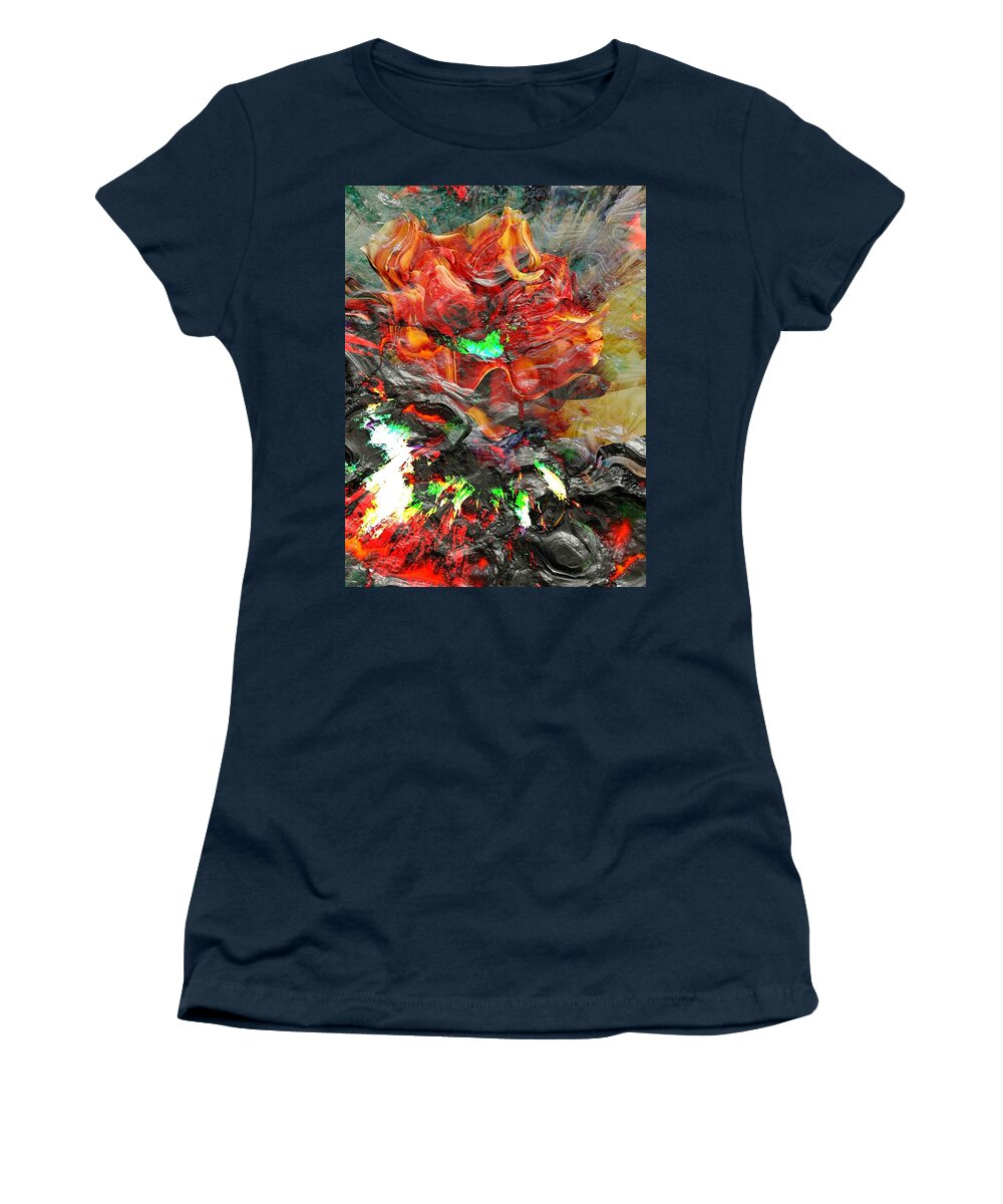 Rose Abstract Orange White Black Green Grey Yellow Flower Women's T-Shirt featuring the digital art Exploding Rose by Kathleen Boyles