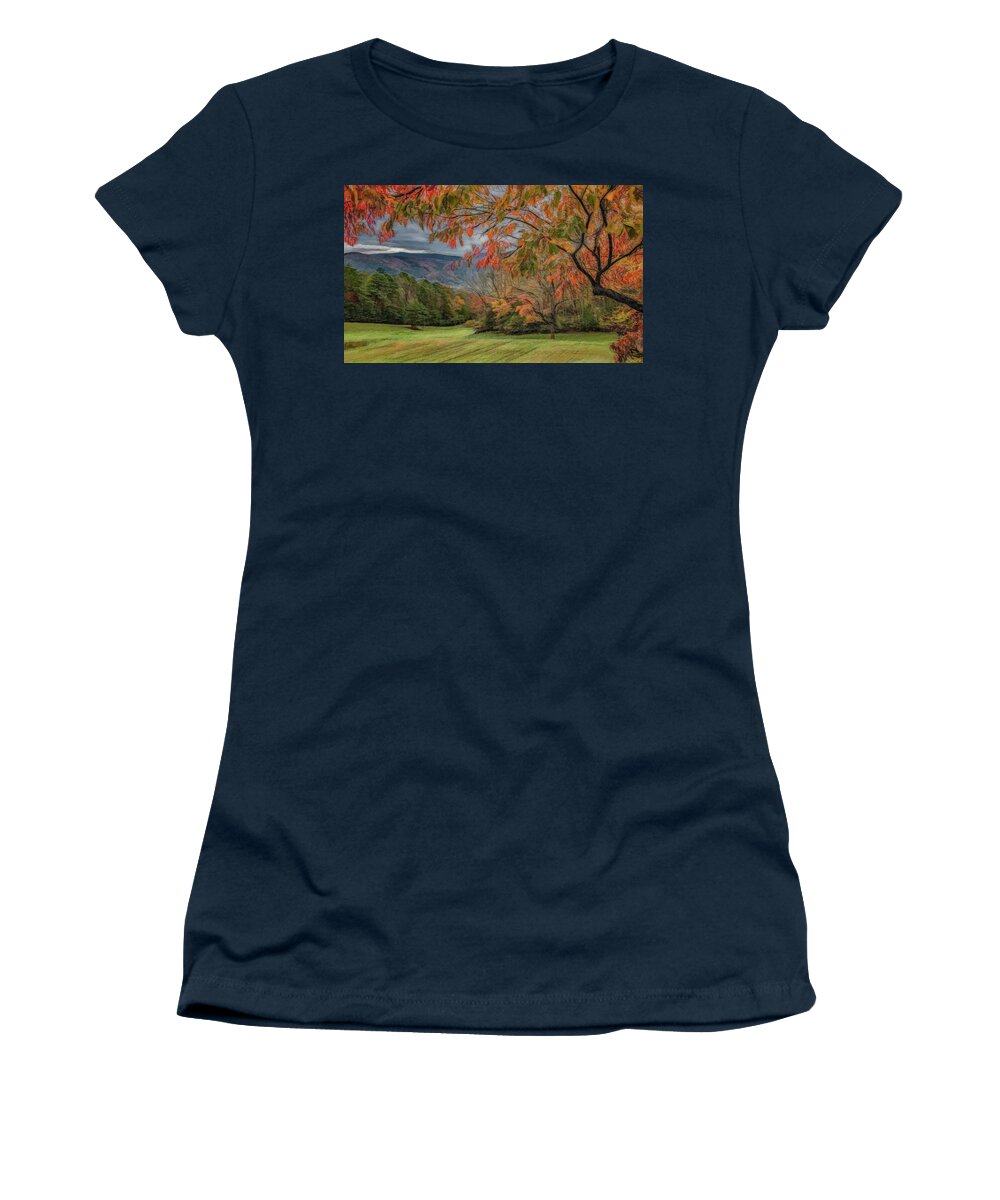 Cades Cove Women's T-Shirt featuring the photograph Fall in the Cove, Stylized by Marcy Wielfaert