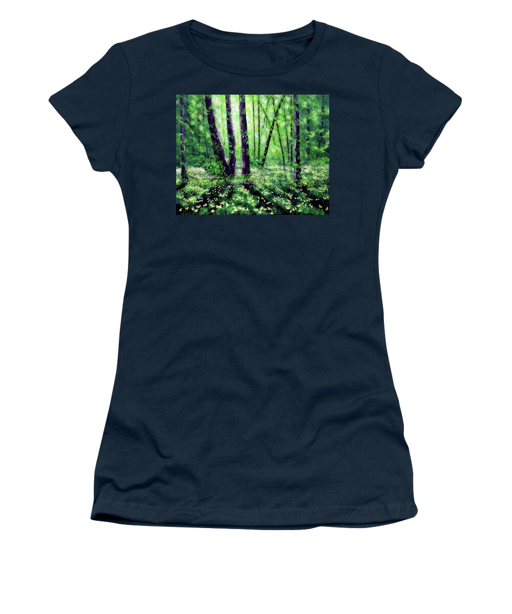 Fawn Lilies Women's T-Shirt featuring the painting Fawn Lilies in Dappled Sunlight by Laura Iverson