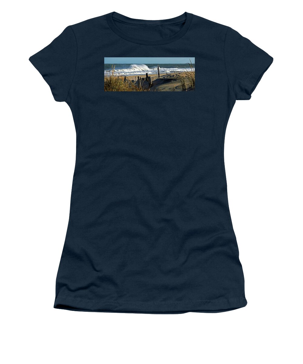 Fenwick Island Women's T-Shirt featuring the photograph Fenwick Island Dunes and Waves Panorama by Bill Swartwout