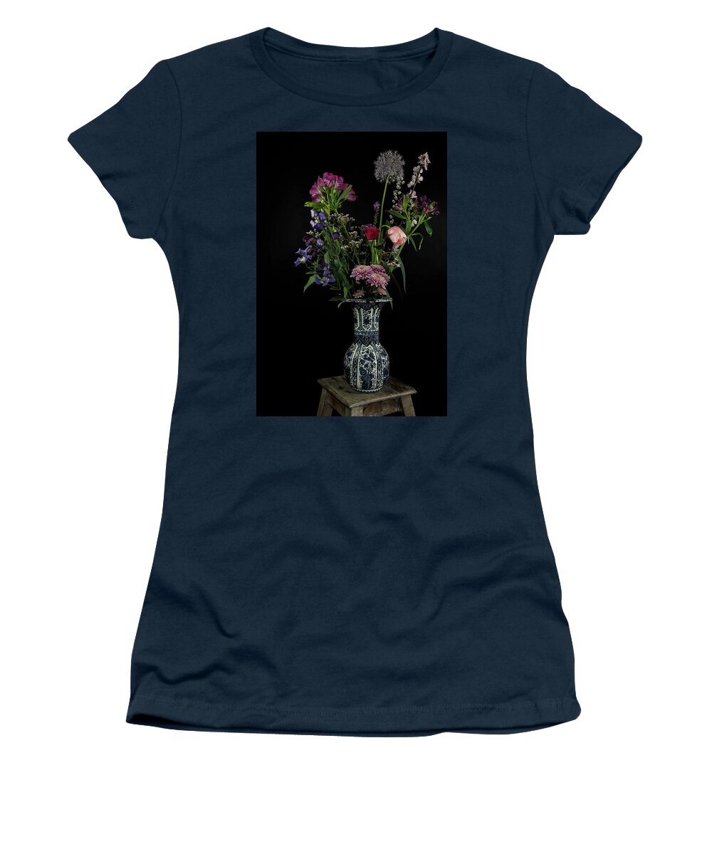 Flowers Women's T-Shirt featuring the digital art Field bouquet in a Delft blue vase by Marjolein Van Middelkoop