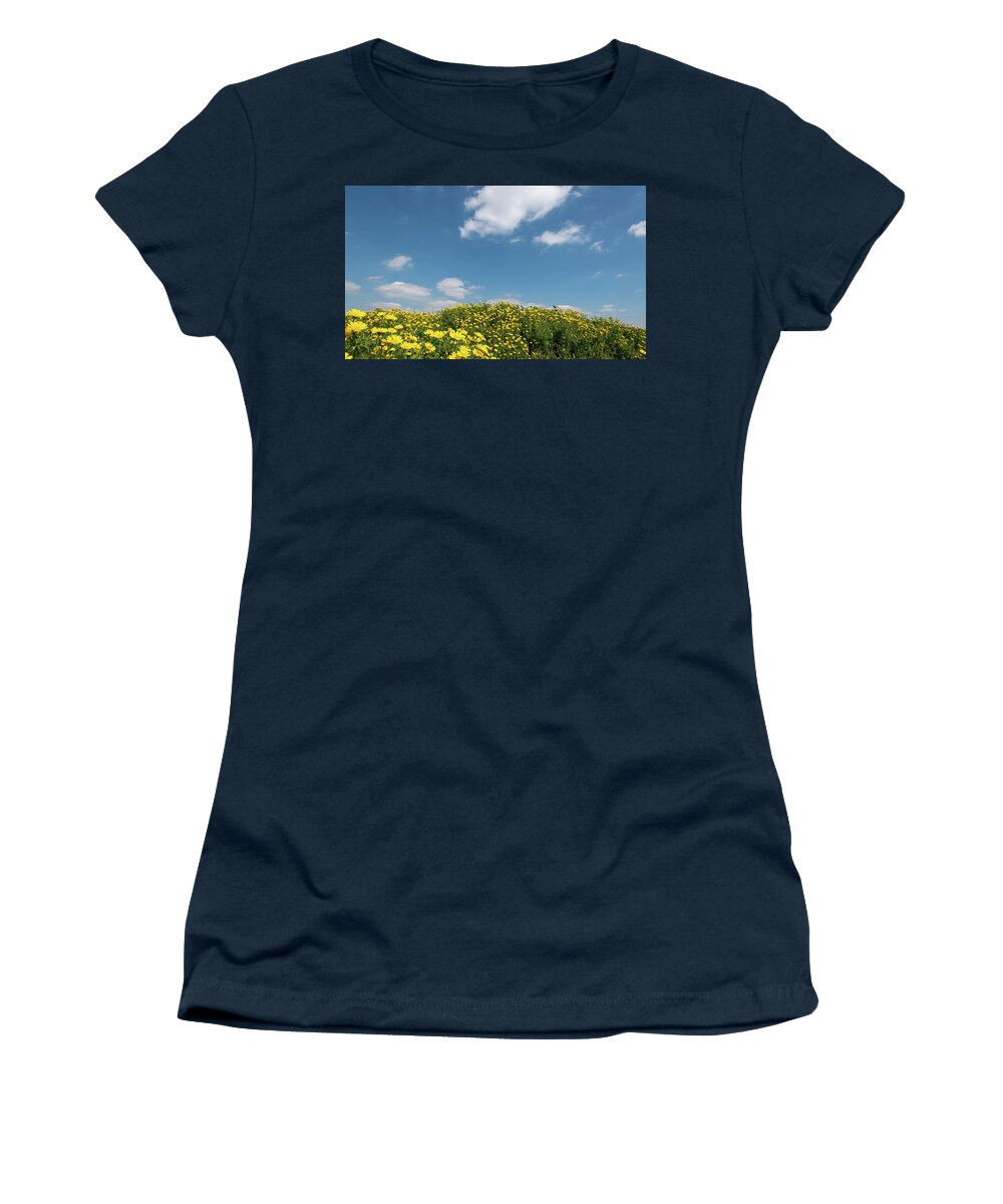 Flower Field Women's T-Shirt featuring the photograph Field with yellow marguerite daisy blooming flowers against and blue cloudy sky. Spring landscape nature background by Michalakis Ppalis