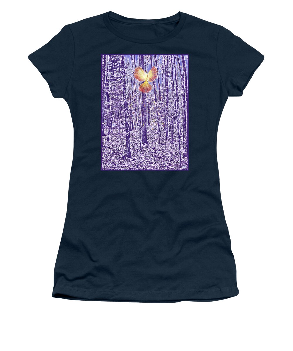 Firebird Women's T-Shirt featuring the mixed media Firebird in the Trees by Lise Winne