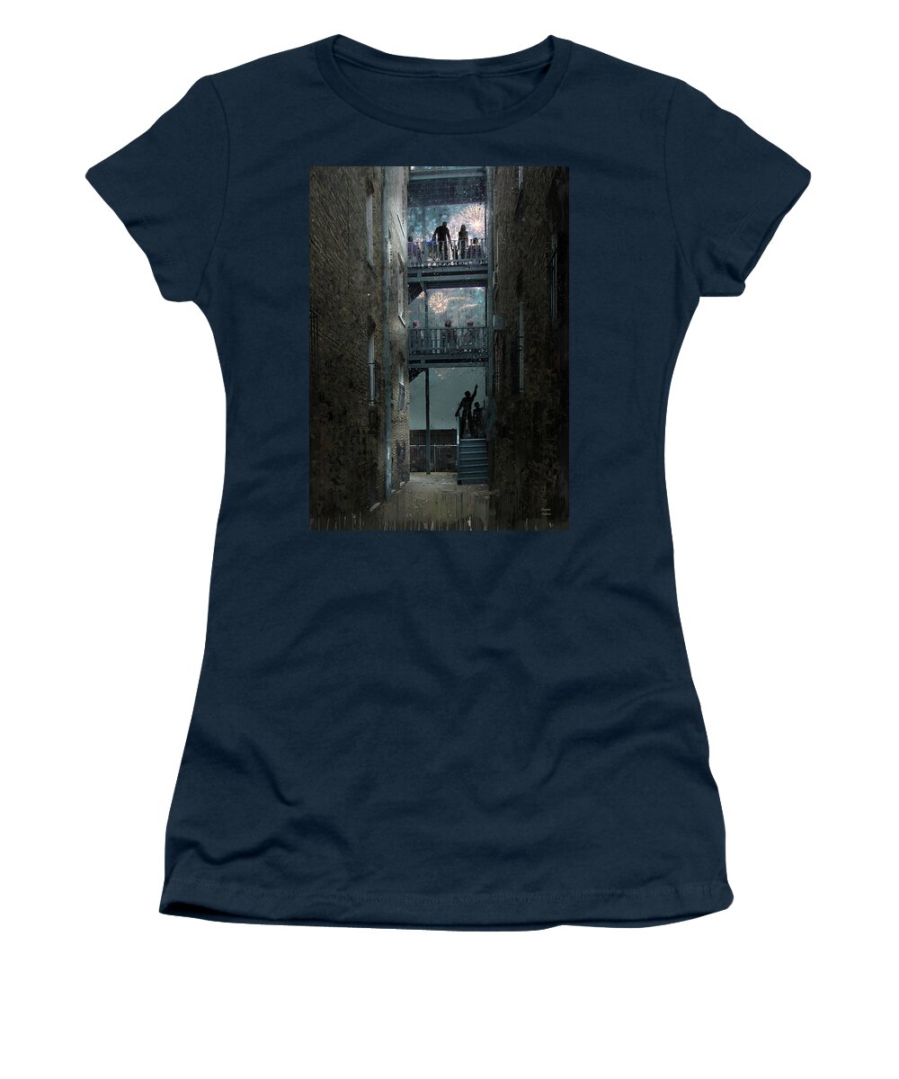 Fireworks Women's T-Shirt featuring the painting Fireworks on a Chicago Porch by Glenn Galen