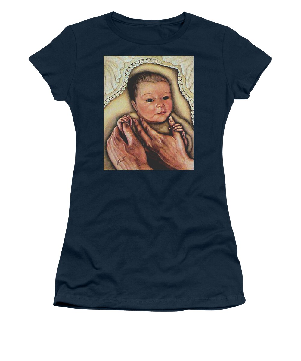 #baby #first #born #for #all #new #mothers #and #fathers #hands #love #parental Women's T-Shirt featuring the drawing First Born by June Pauline Zent