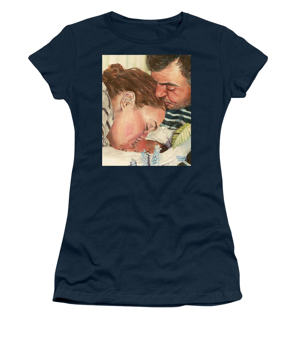 Family Women's T-Shirt featuring the painting First Family Kiss by Merana Cadorette