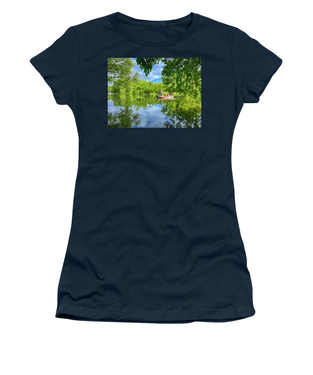 Boats Women's T-Shirt featuring the photograph Fishing on the Valley River by Debra and Dave Vanderlaan
