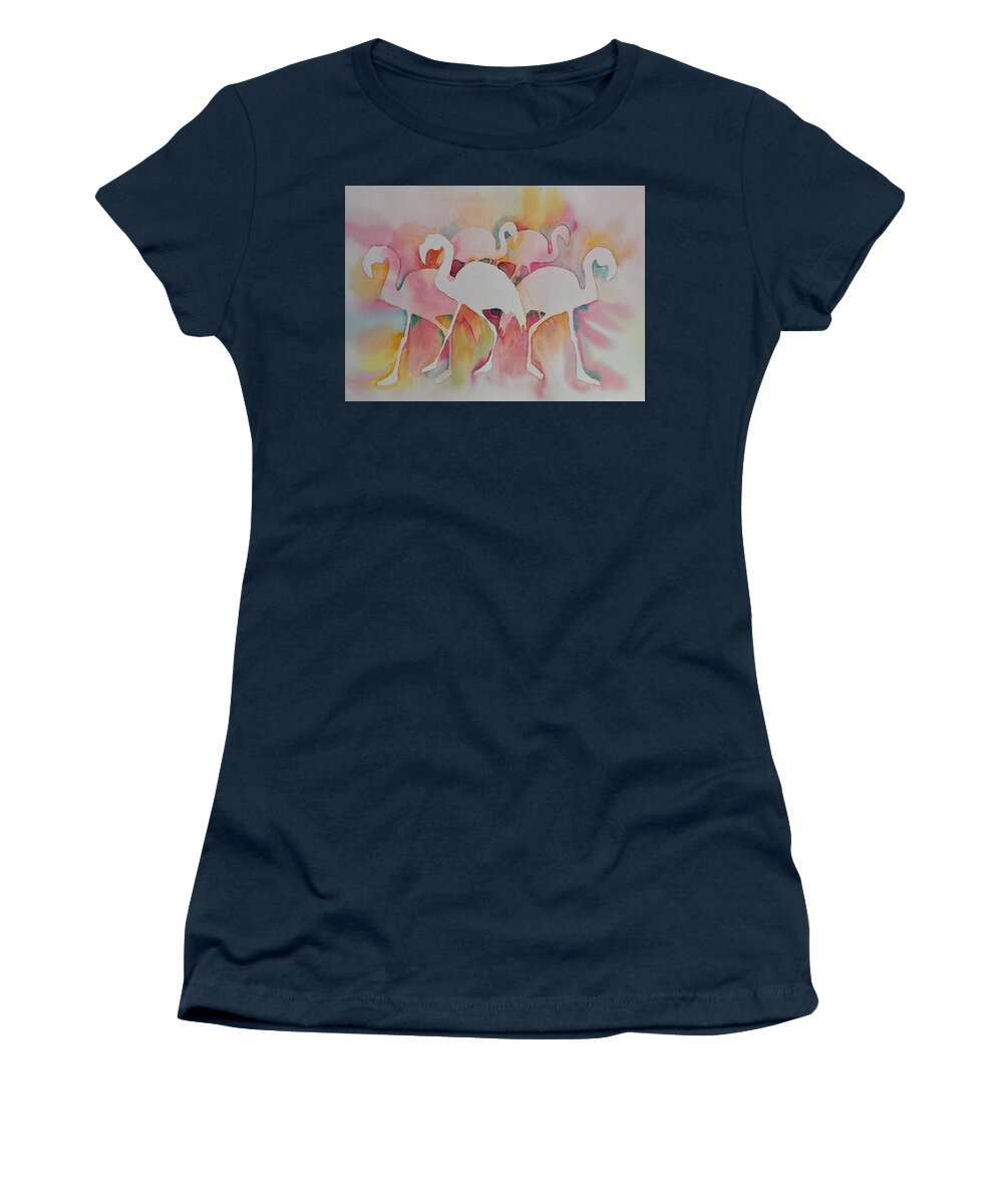 Birds Women's T-Shirt featuring the painting Flamingos by Sandie Croft