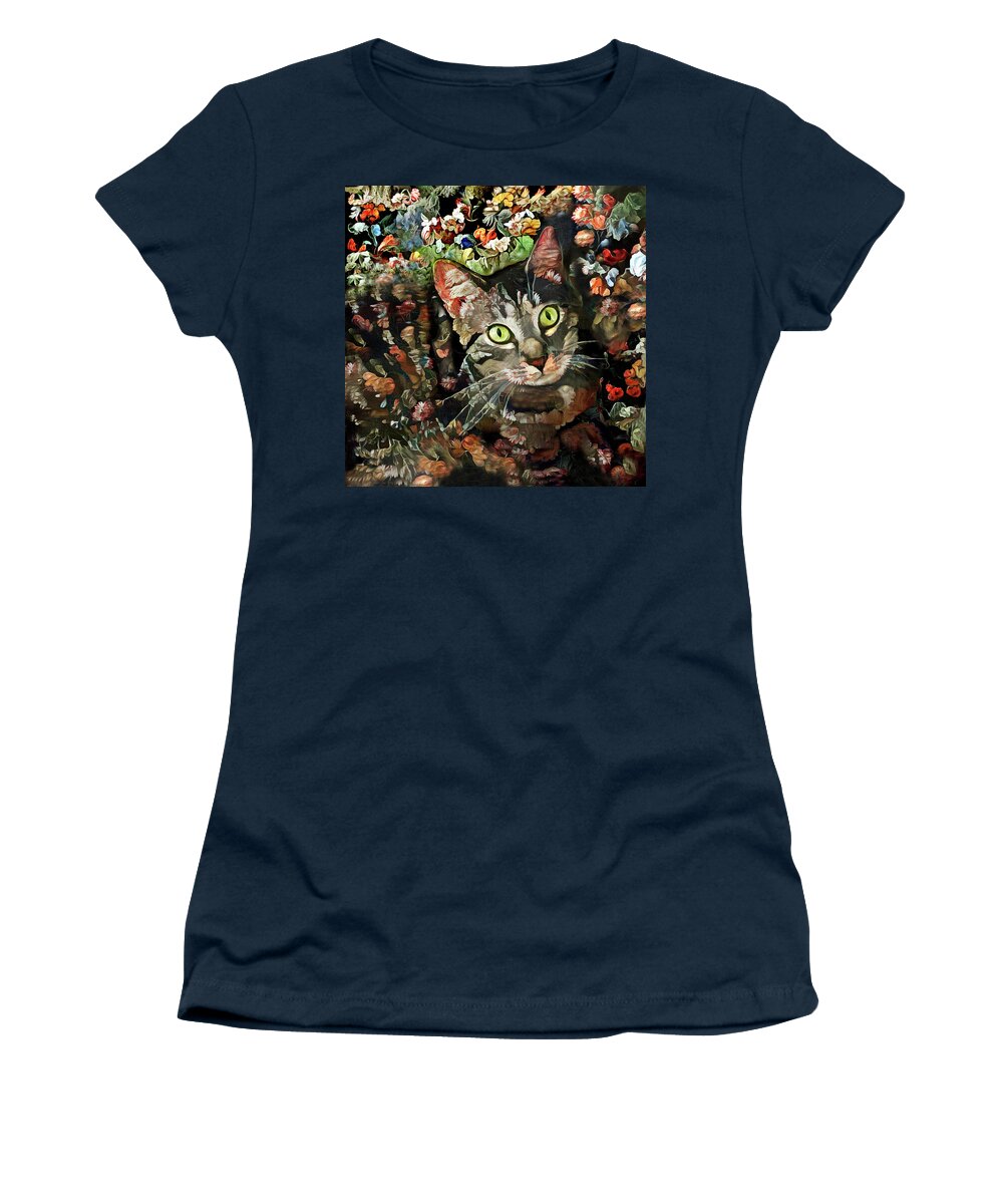 Tabby Cat Women's T-Shirt featuring the digital art Floral Tabby Cat by Peggy Collins