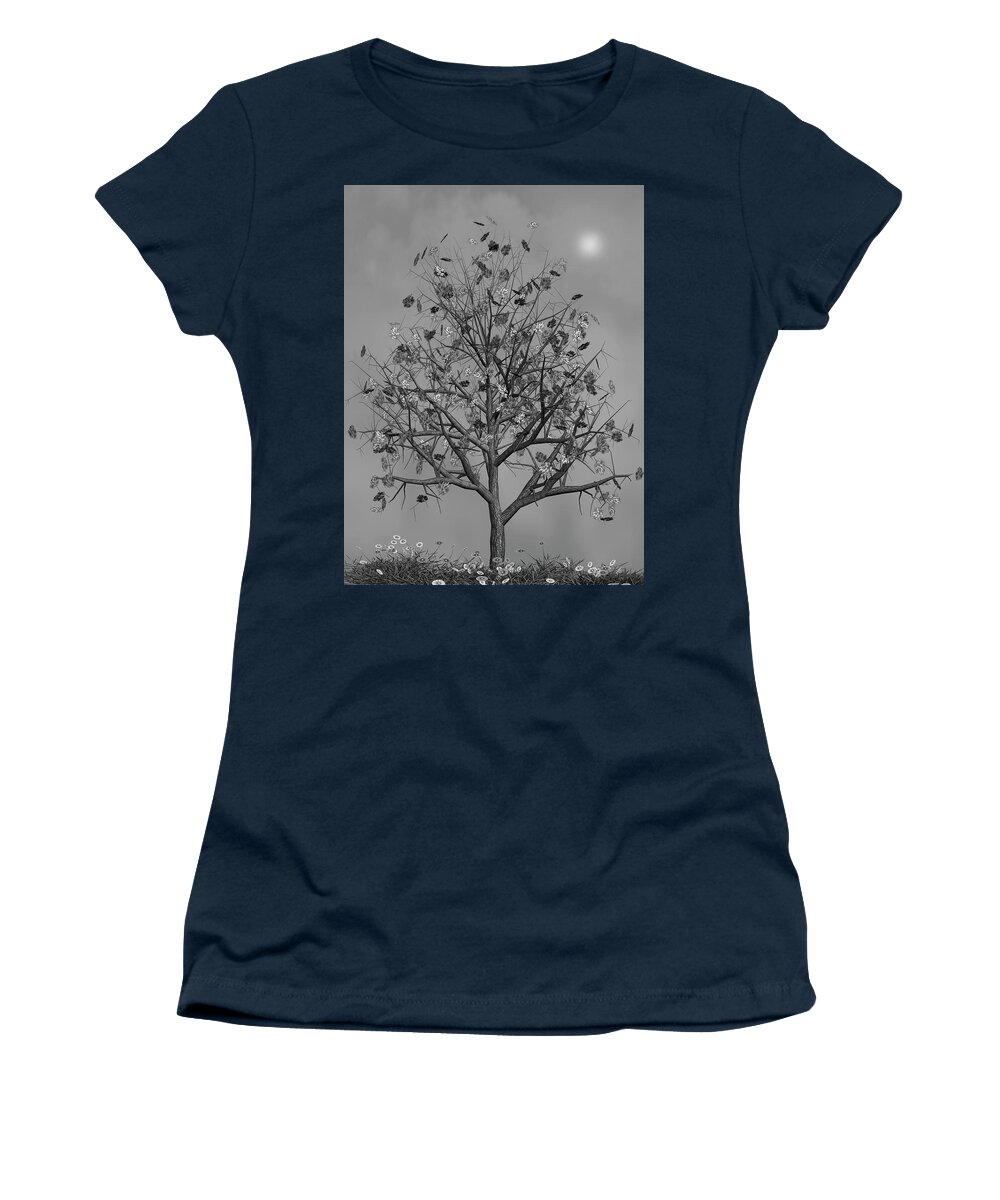 Autumn Women's T-Shirt featuring the mixed media Flowers Beneath The Autumn Tree Black and White by David Dehner