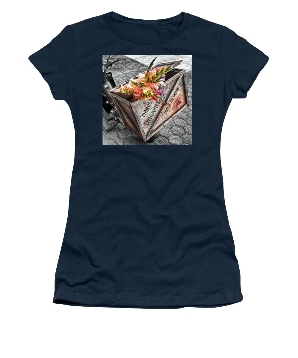 Flower-box Women's T-Shirt featuring the photograph Flowers or Dynamite by Tatiana Travelways