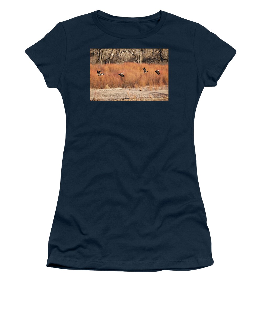 Geese Women's T-Shirt featuring the photograph Flying Geese in the Bosque by Mary Lee Dereske