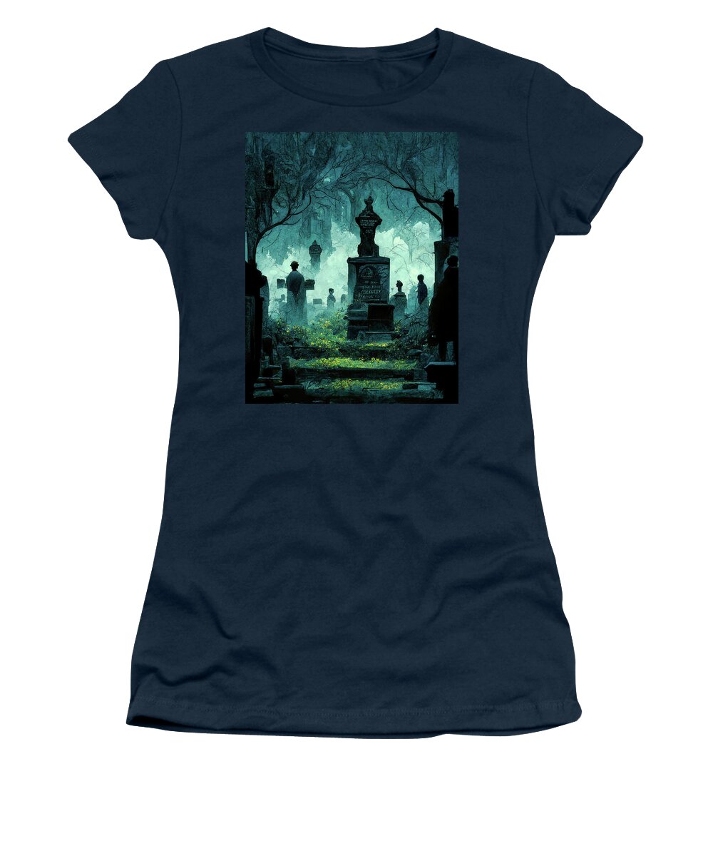 Cemetery Women's T-Shirt featuring the digital art Foggy Cemetery At Night by Mark Tisdale