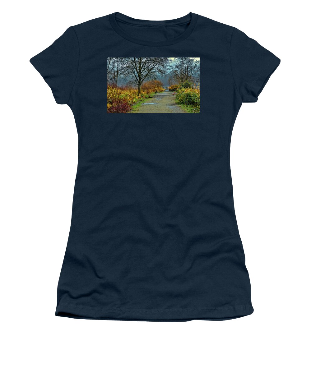 Alex Lyubar Women's T-Shirt featuring the photograph Foggy morning at the park by Alex Lyubar